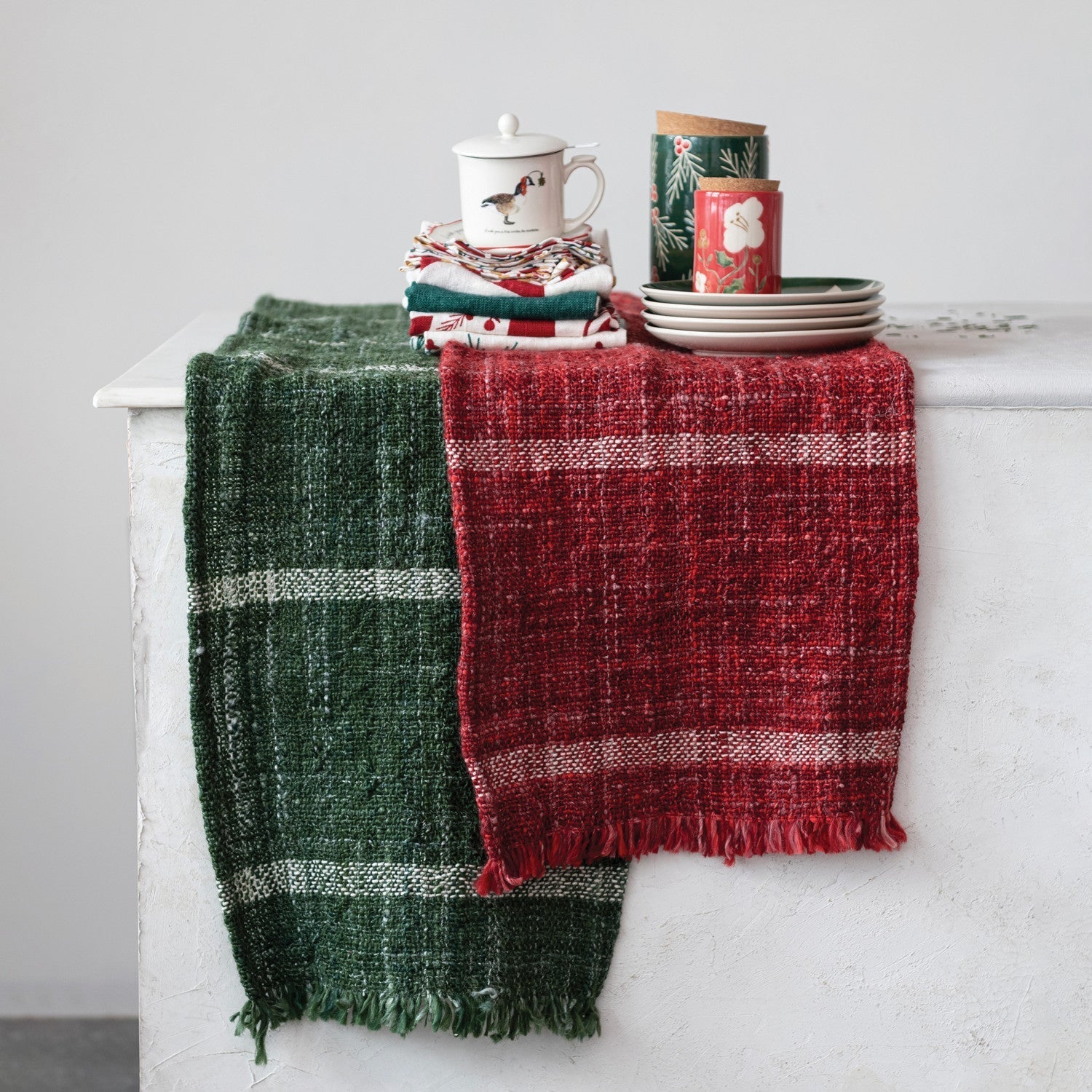Woven Wool Blend Slub Table Runner W Stripes Fringe 3