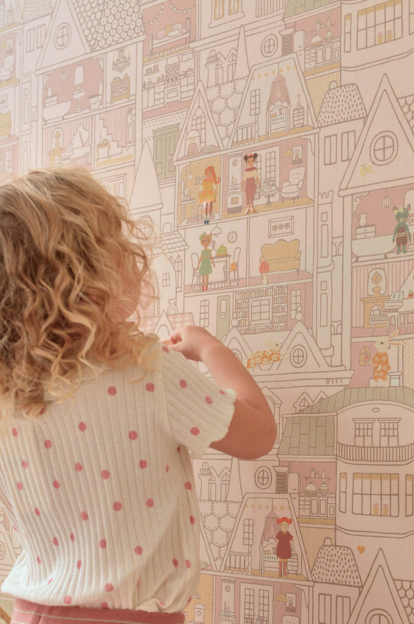 Dollhouse Sunny Pink Wallpaper by Majvillan