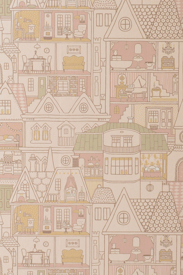 Dollhouse Sunny Pink Wallpaper by Majvillan