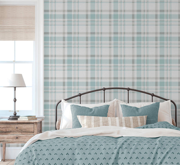 Spring Blossom Plaid Wallpaper in Turquoise