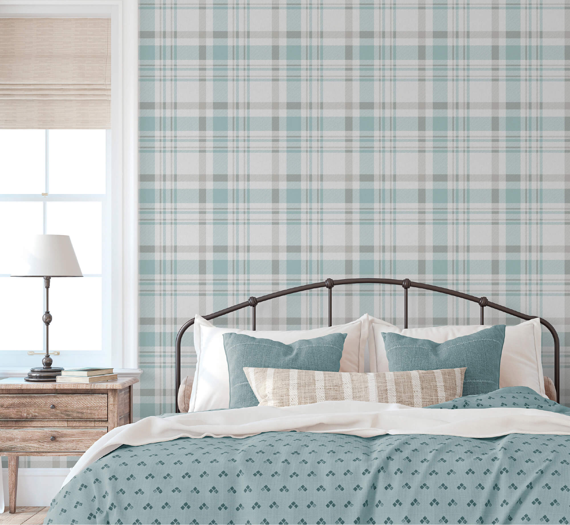 Spring Blossom Plaid Wallpaper in Green/Yellow