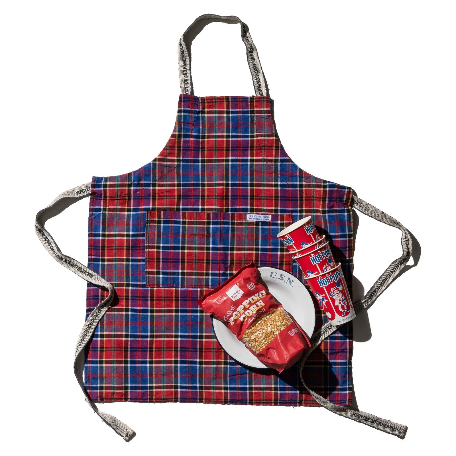 Recycle Cotton Check Apron Red X Blue 1