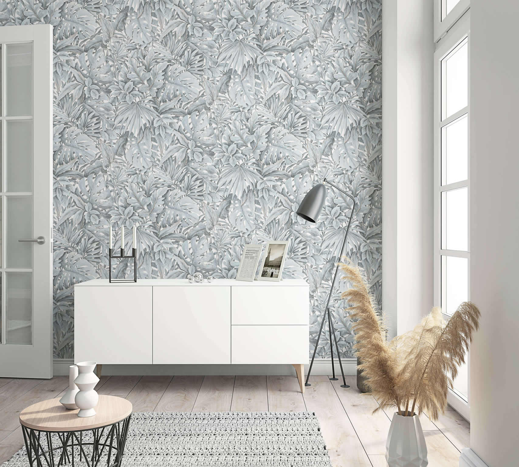 Jungle Leaves White/Green Wallpaper from Eden Collection by Galerie Wallcoverings