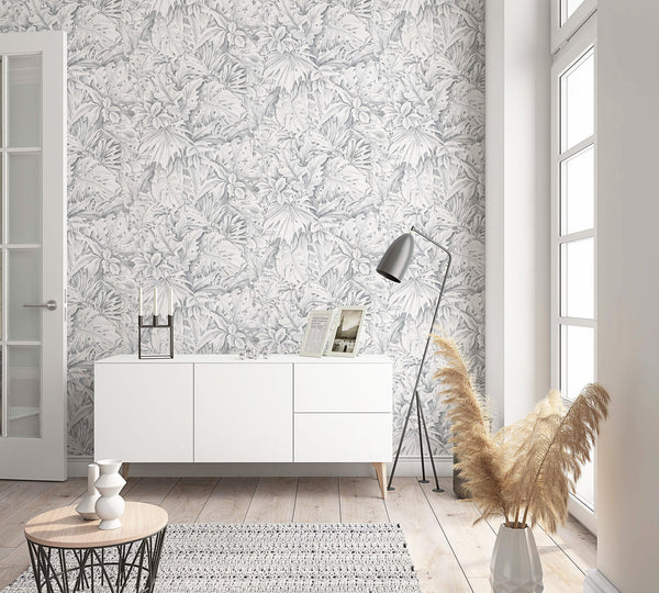 Jungle Leaves Grey Wallpaper from Eden Collection by Galerie Wallcoverings
