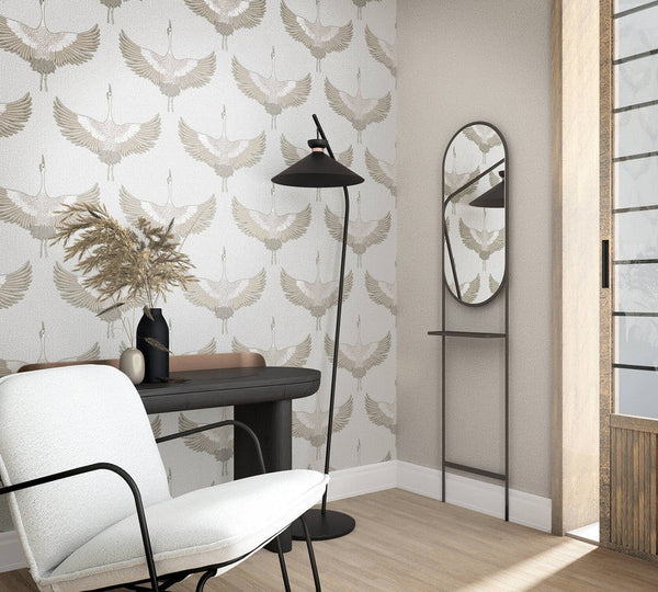 Stork Wallpaper in White/Beige