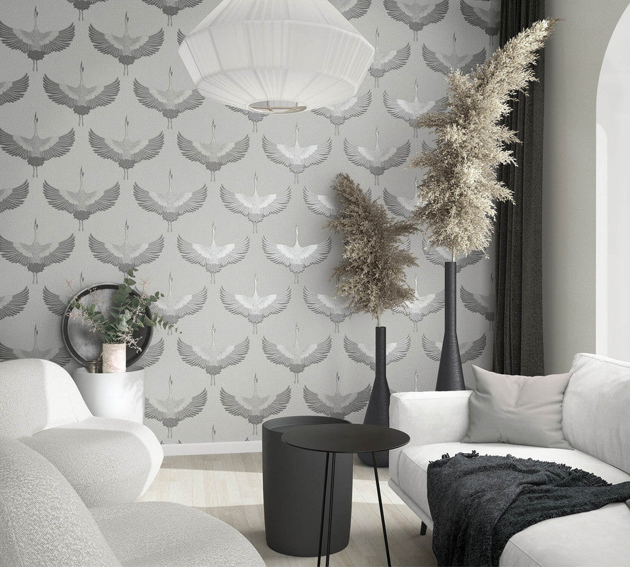 Stork Wallpaper in Grey/White