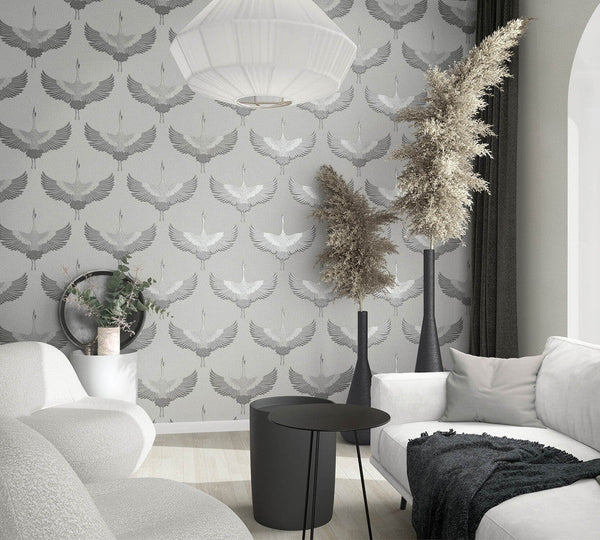 Stork Wallpaper in Grey/White