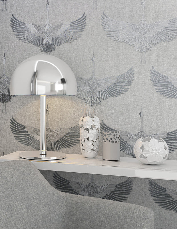 Stork Wallpaper in Grey/White