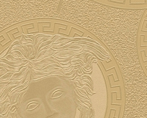 Medusa Head Silhouette Textured Wallpaper in Gold from the Versace V Collection