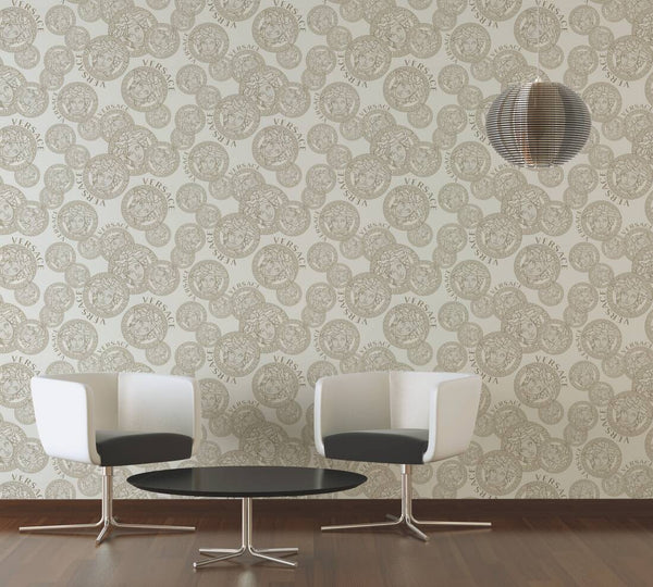 Medusa Head Textured Wallpaper in Gold/Cream from the Versace V Collection