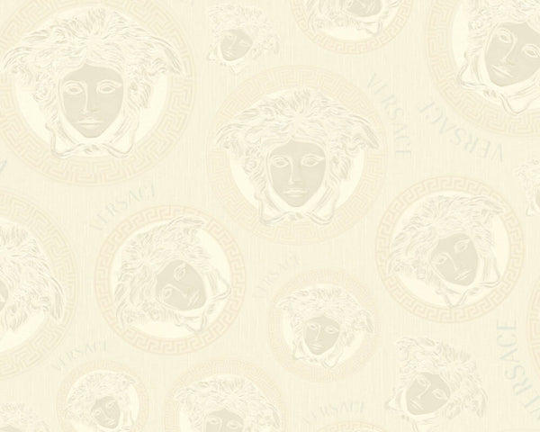 Medusa Head Textured Wallpaper in Cream/White by Versace Home