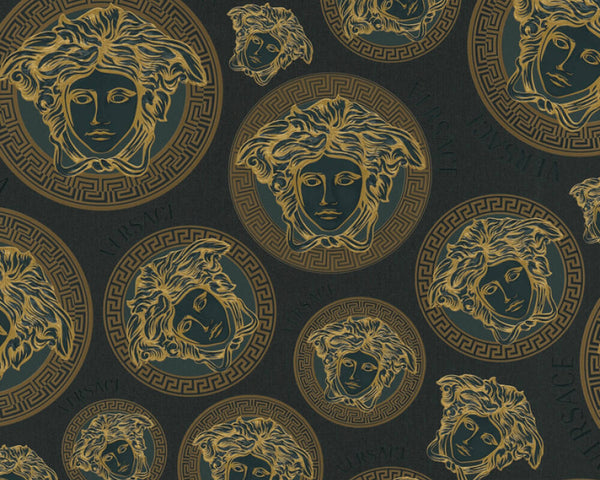 Medusa Head Textured Wallpaper in Black/Gold by Versace Home
