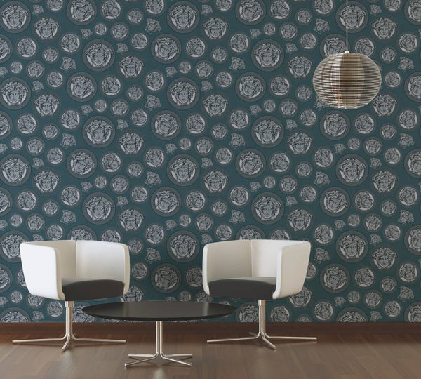 Medusa Head Textured Wallpaper in Black/Blue from the Versace V Collection
