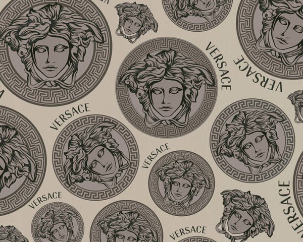 Medusa Head Textured Wallpaper in Cream/Black by Versace Home