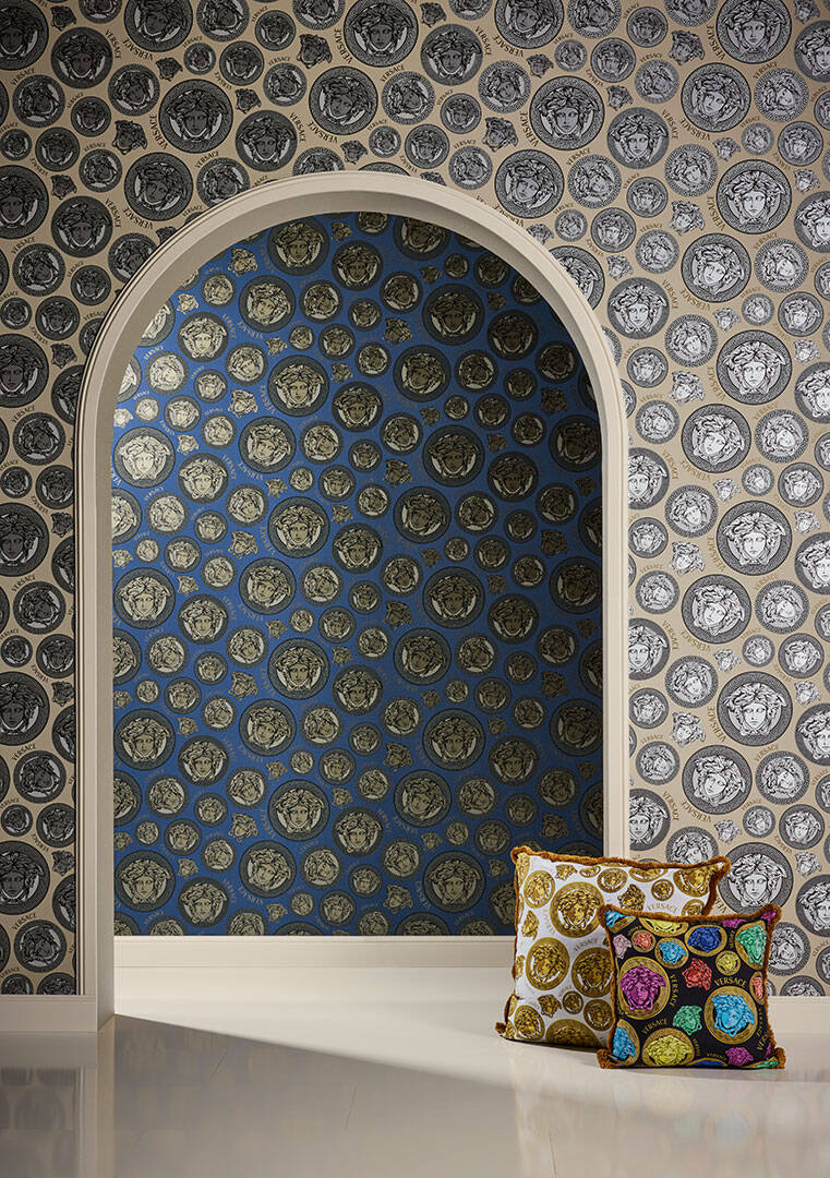 Medusa Head Textured Wallpaper in Black/Cream from the Versace V Collection