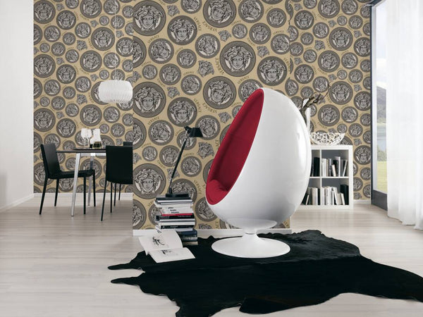Medusa Head Textured Wallpaper in Black/Cream from the Versace V Collection