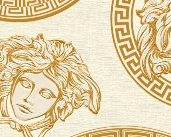 Medusa Head Textured Wallpaper in Gold/Black from the Versace V Collection