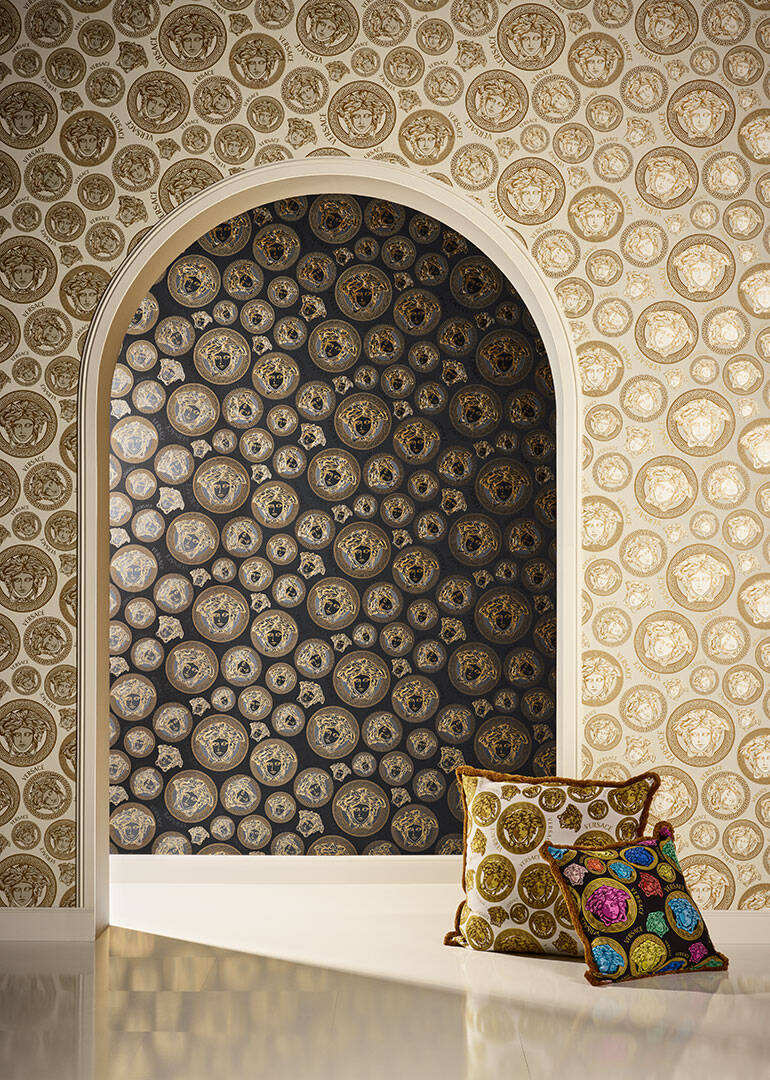 Medusa Head Textured Wallpaper in Black/Gold from the Versace V Collection