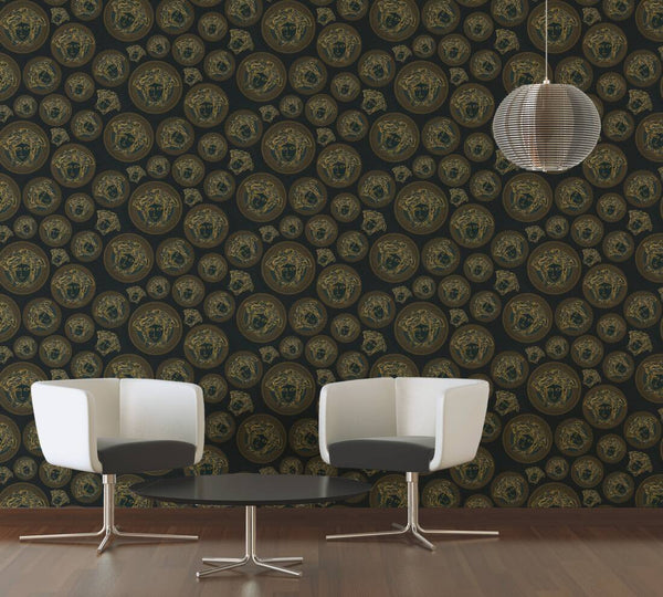 Medusa Head Textured Wallpaper in Black/Gold from the Versace V Collection