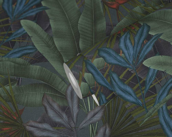 Jungle Leaf Large Floral Wallpaper in Green/Grey/Red