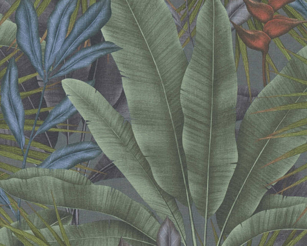 Jungle Leaf Large Floral Wallpaper in Green/Grey/Red