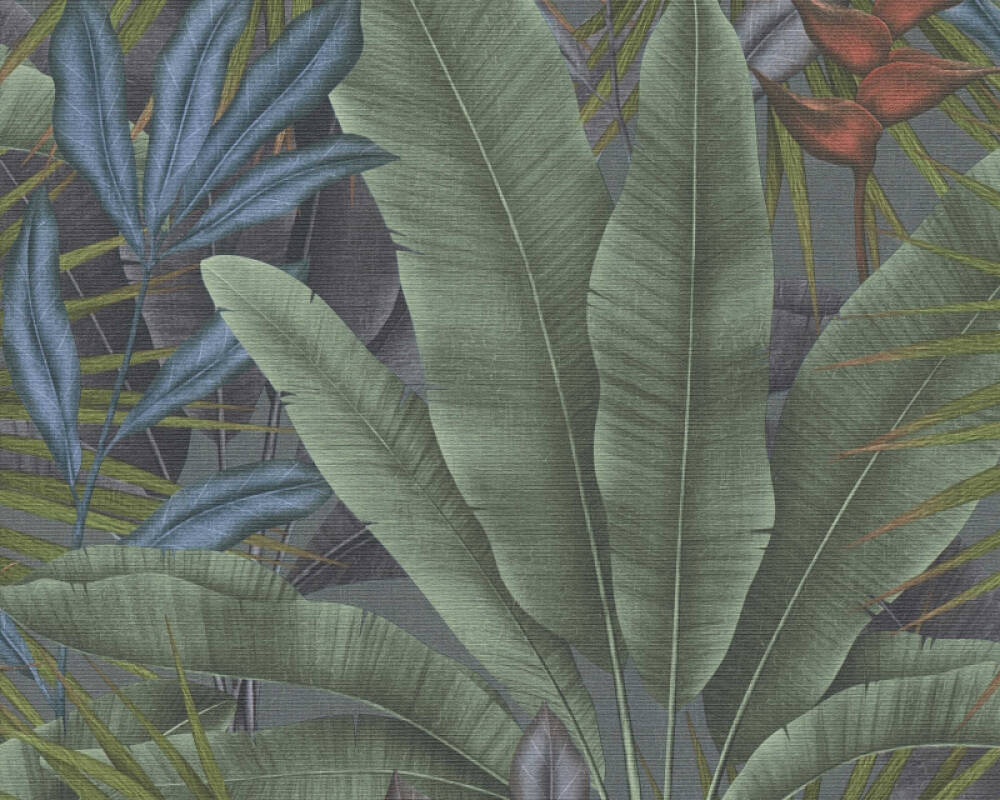 Sample Jungle Leaf Large Floral Wallpaper in Green/Grey/Red