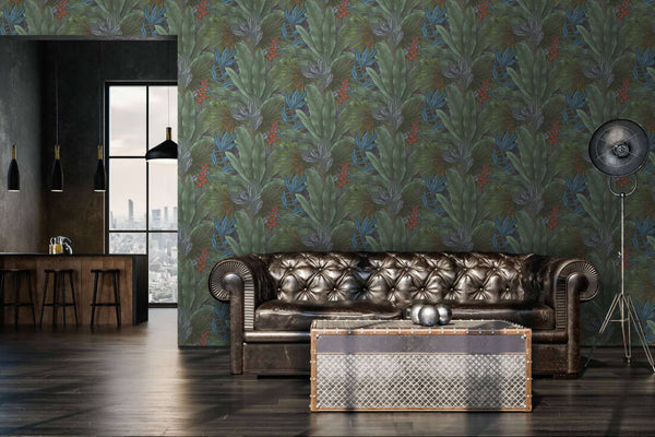 Jungle Leaf Large Floral Wallpaper in Green/Grey/Red