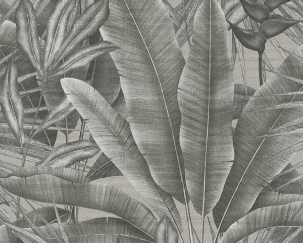Jungle Leaf Large Floral Wallpaper in Grey/Beige/Black