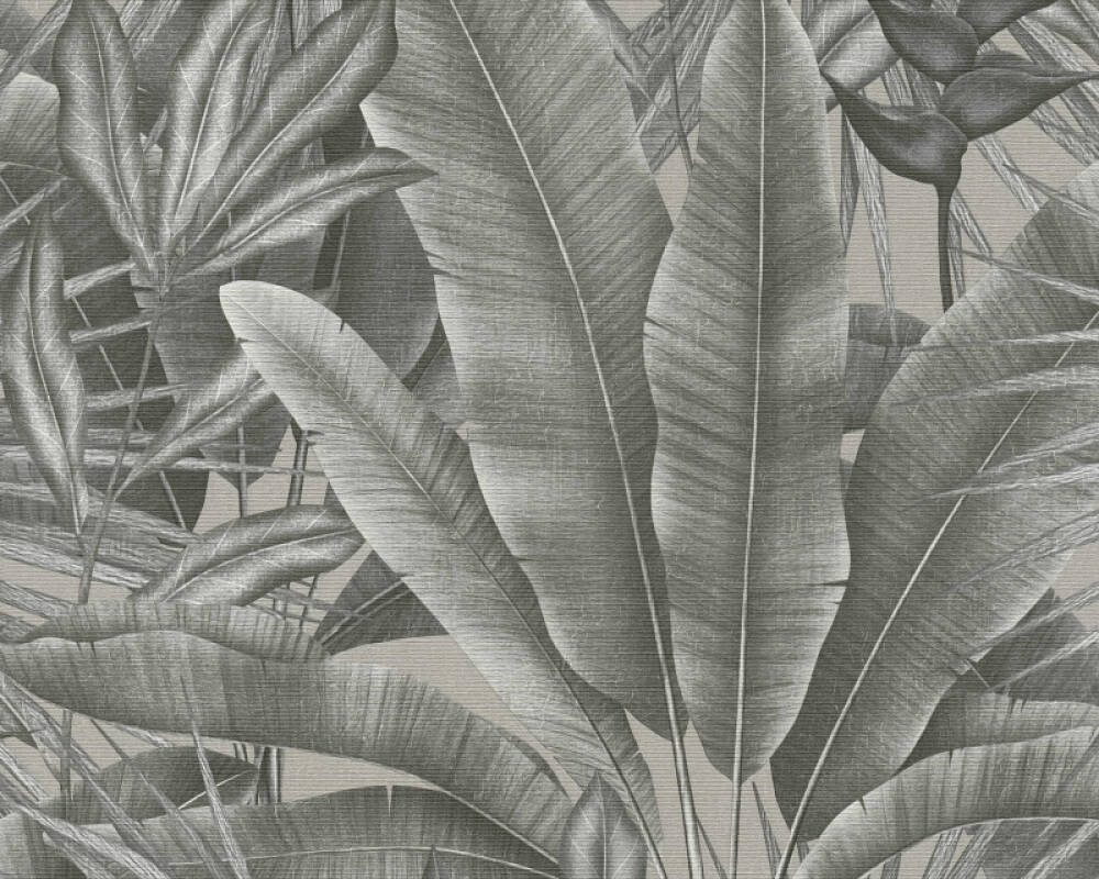 Sample Jungle Leaf Large Floral Wallpaper in Grey/Beige/Black