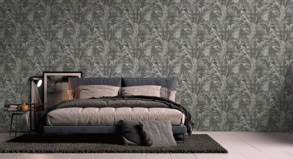 Jungle Leaf Large Floral Wallpaper in Grey/Beige/Black