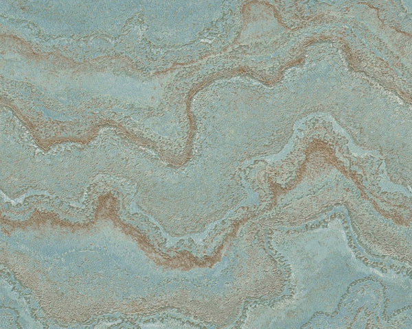 Marbled & Metallic Accents Wallpaper in Blue/Green/Gold