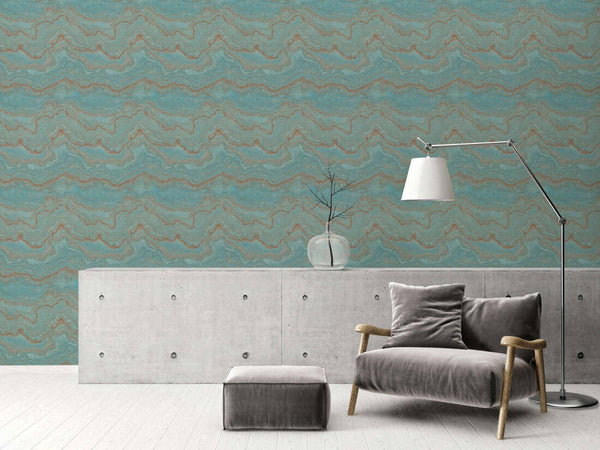 Marbled & Metallic Accents Wallpaper in Blue/Green/Gold