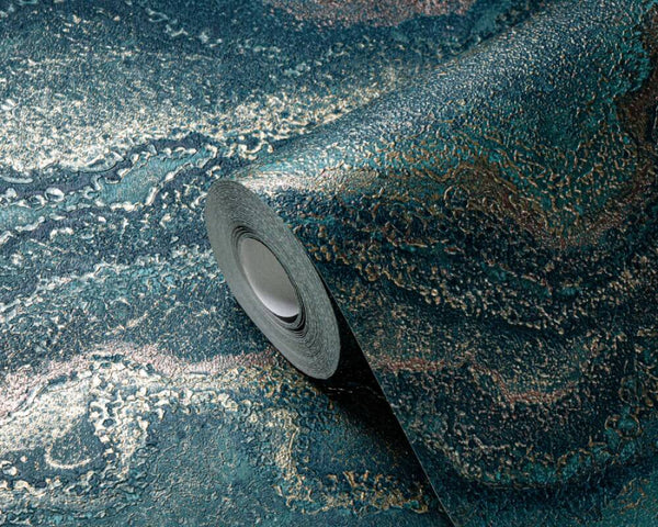 Marbled & Metallic Accents Wallpaper in Green/Copper/Gold