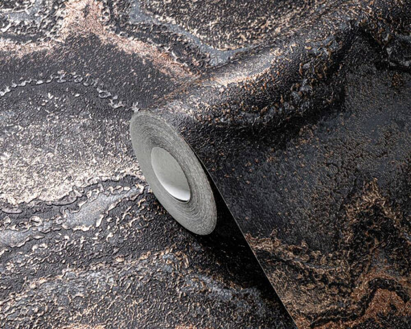 Marbled & Metallic Accents Wallpaper in Black/Copper/Gold