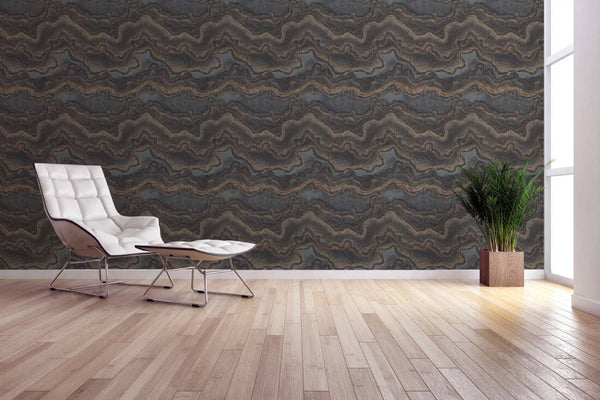 Marbled & Metallic Accents Wallpaper in Black/Copper/Gold