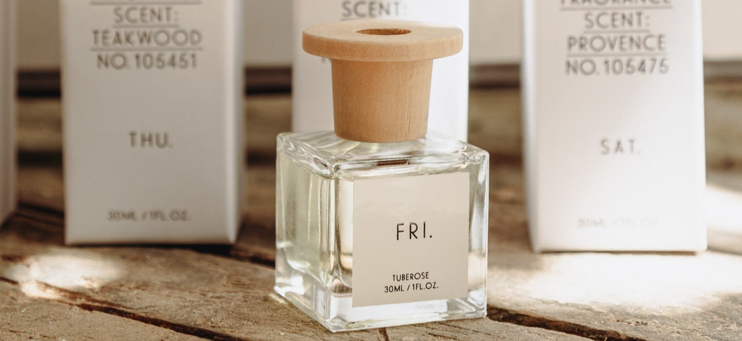FRL perfume bottle with white boxes labeled 'Omnibus Fragrance Scent' on a wooden surface.