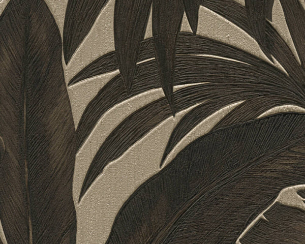 Jungle Palm Leaves Textured Wallpaper in Brown/Cream from the Versace V Collection