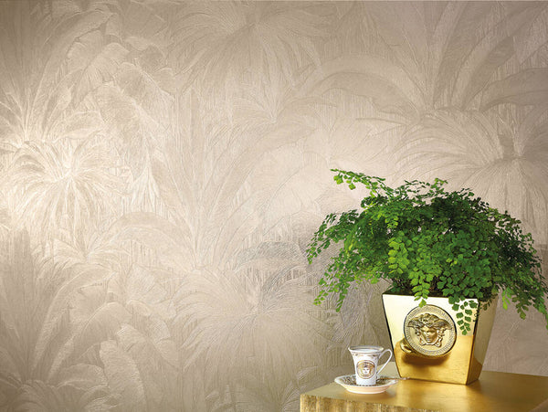 Jungle Palm Leaves Textured Wallpaper in Cream from the Versace V Collection