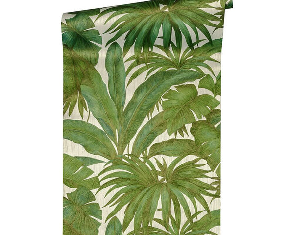 Jungle Palm Leaves Textured Wallpaper in Cream/Green from the Versace V Collection