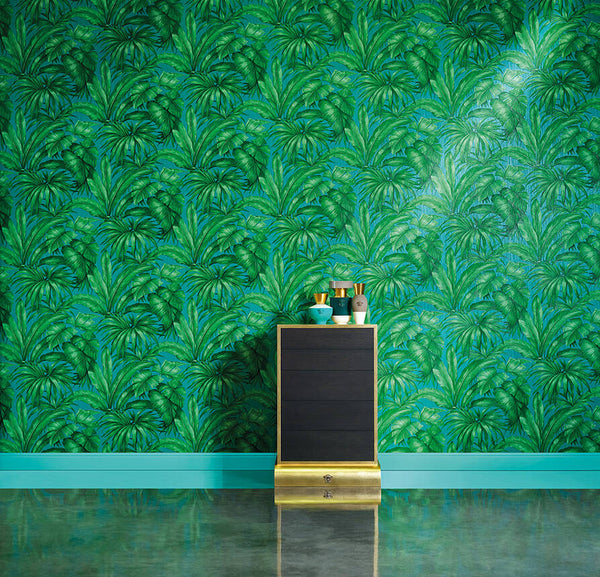 Jungle Palm Leaves Textured Wallpaper in Blue/Green from the Versace V Collection