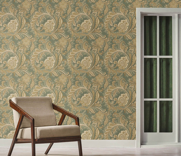 Paisley Wallpaper in Green/Beige