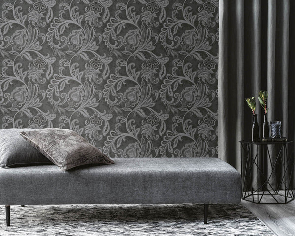 Paisley Wallpaper in Deep Silver/Grey