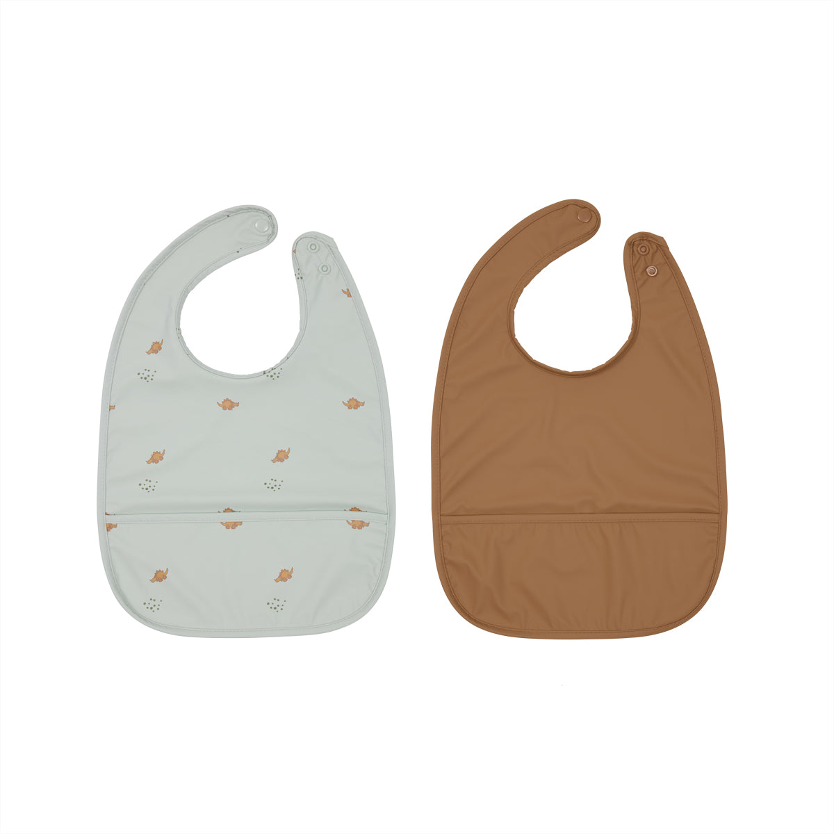 dino bib set in dusty green and caramel 1