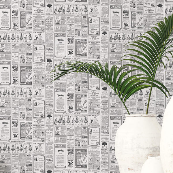 Newspaper Black/White Wallpaper from the Just Kitchens Collection by Galerie Wallcoverings