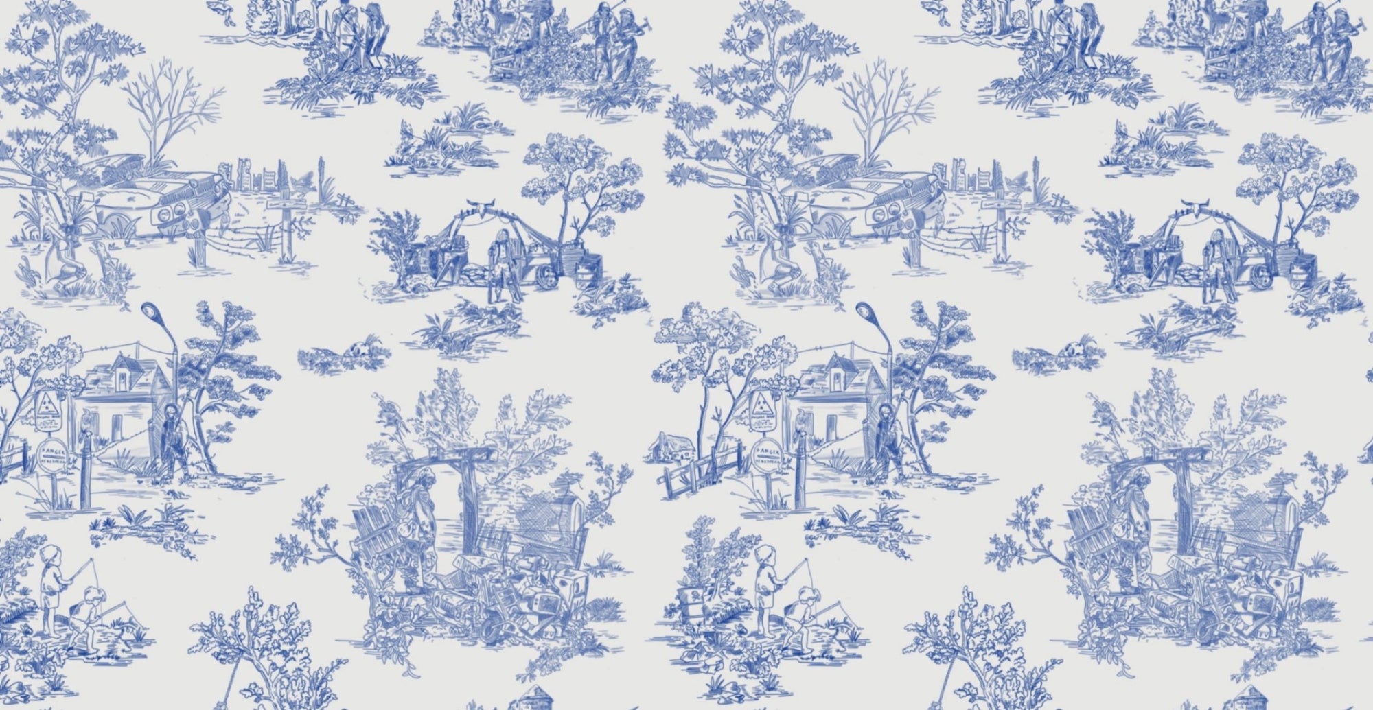 Apocalypse Toile Wallpaper in White/Cobalt