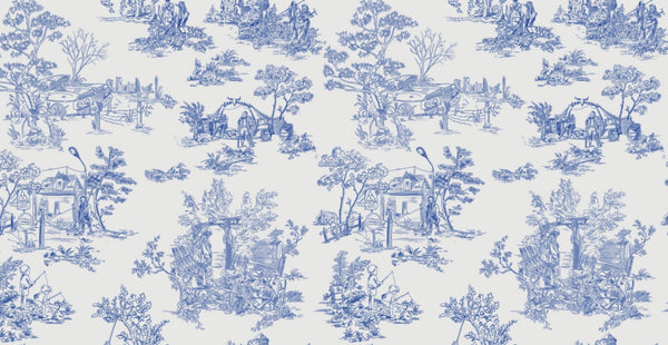 Apocalypse Toile Wallpaper in White/Cobalt