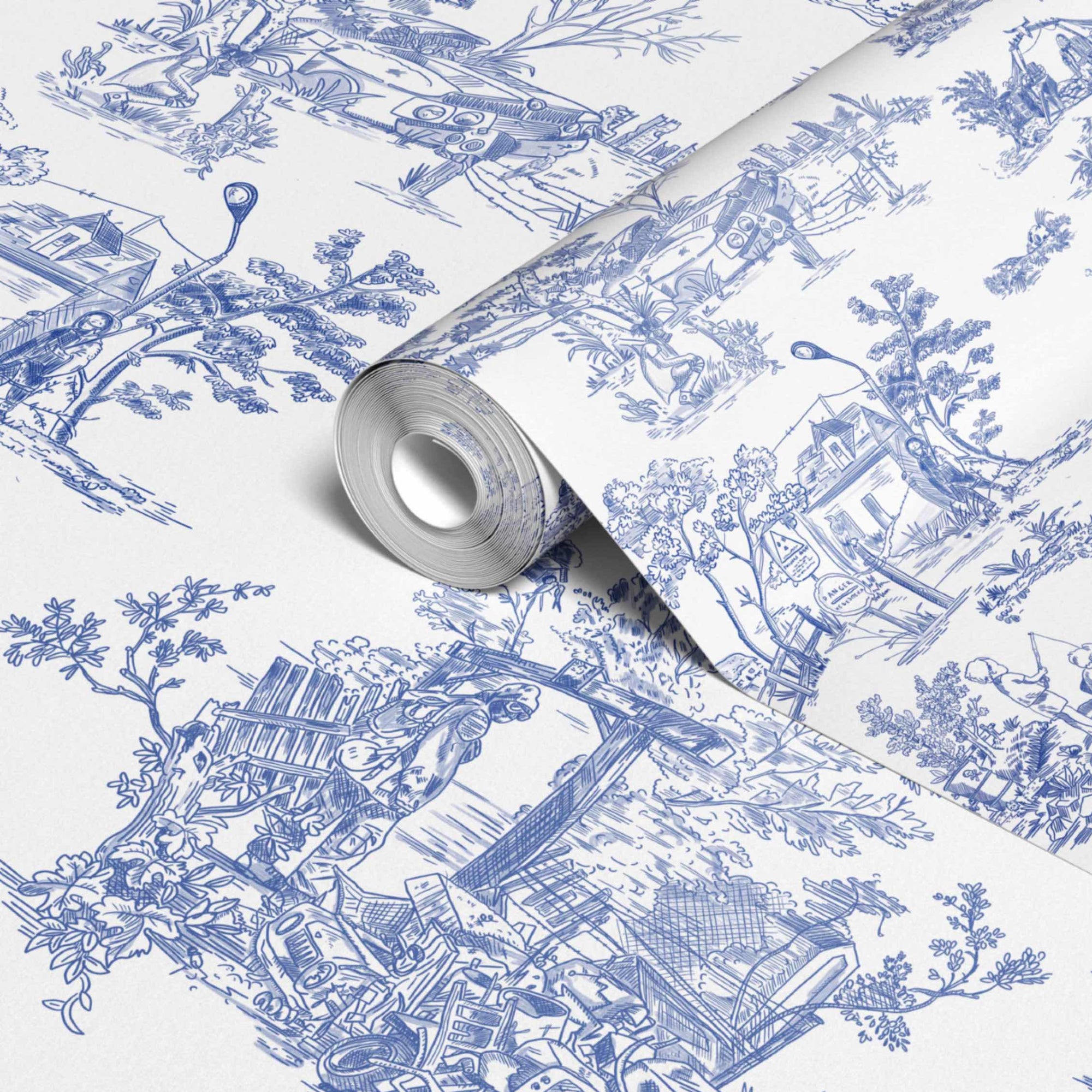 Apocalypse Toile Wallpaper in White/Cobalt