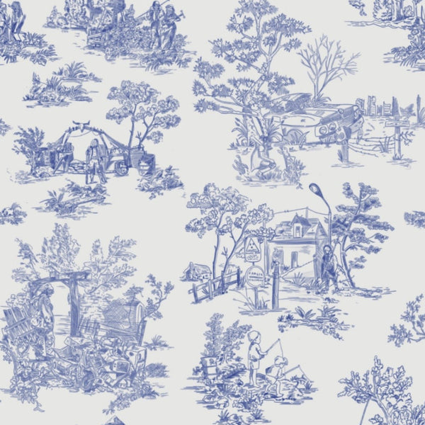 Apocalypse Toile Wallpaper in White/Cobalt