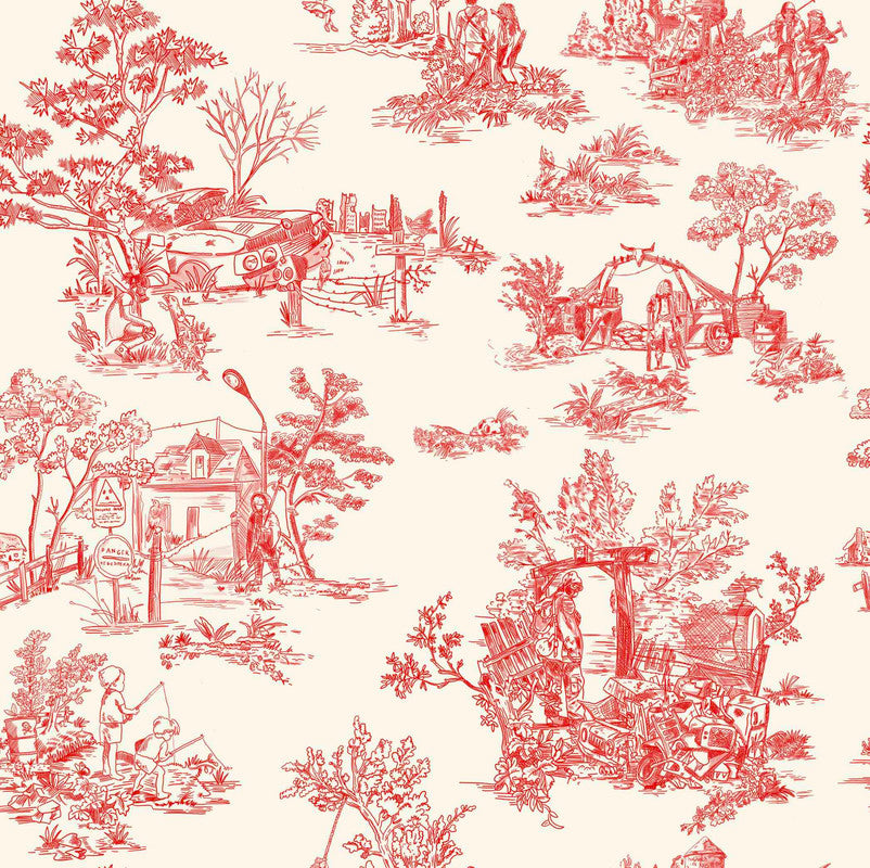 Sample Apocalypse Toile Wallpaper in Swiss Coffee/Red