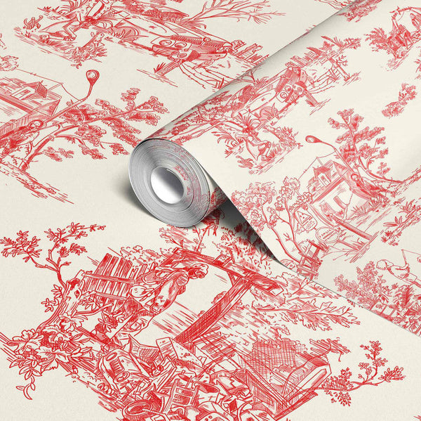Apocalypse Toile Wallpaper in Swiss Coffee/Red